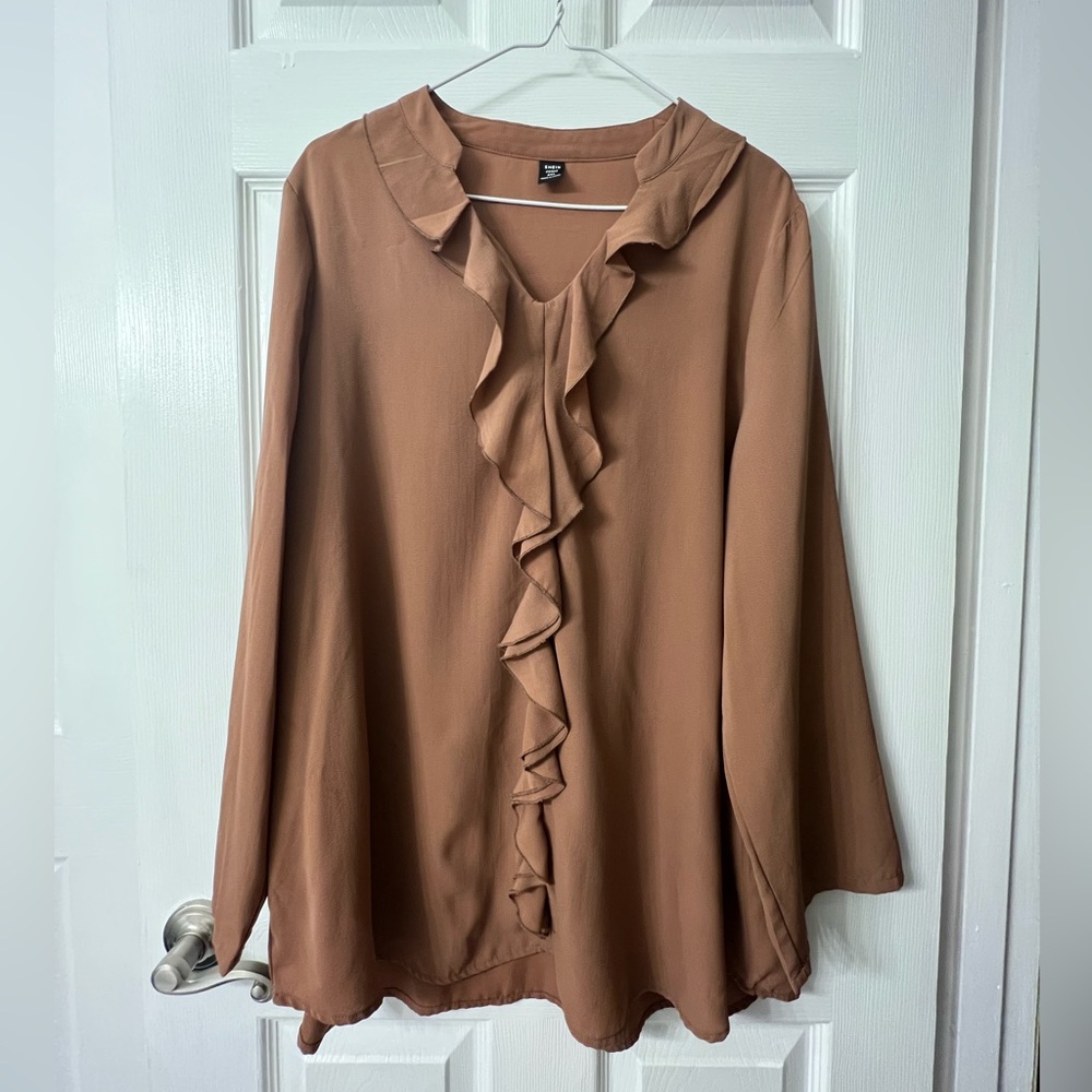 Women’s 2X Brown Long Sleeve Blouse with Ruffled Collar